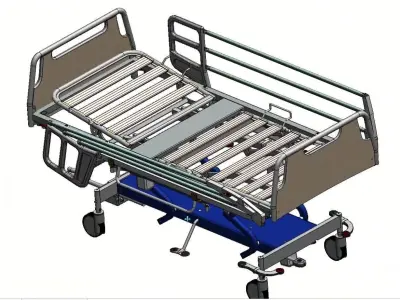 Hospital Adjustable Bed with Side Rails and Swivel Casters 3D model