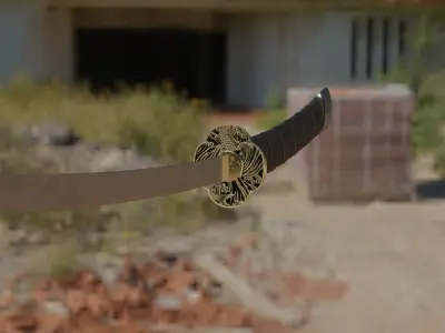 Katana sword flying in sky over city Free low-poly 3D model