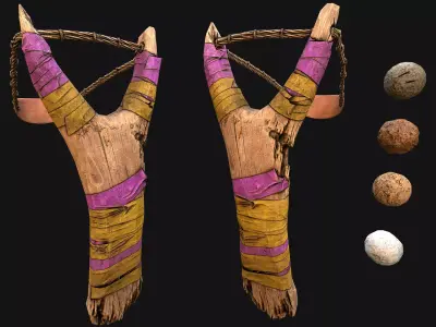 Medieval Wooden Slingshot Fair Weapon Low-poly 3D model