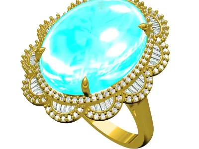 Antique Aquamarine Cabochon Cathedral Engagement Ring 3D print model