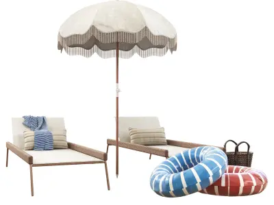 antique beach umbrella and huntington chaise 3D model
