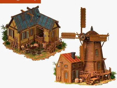 old mill with barn old farmhouse wild west high-poly 3D Model Collection