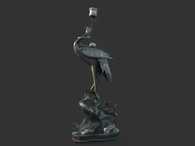 Asian antique bronze crane candlestick 3D model