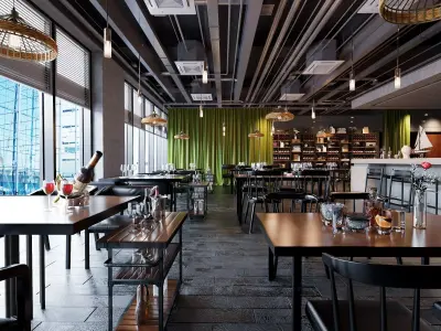 Industrial Loft Restaurant And Wine Bar Interior Scene 3D model