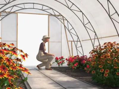 Flowers Greenhouse Tent with Gardener 3D model