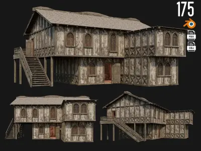 4 Old Medieval Houses Pack 4K Textures GameReady 173 to 176 Low-poly 3D model