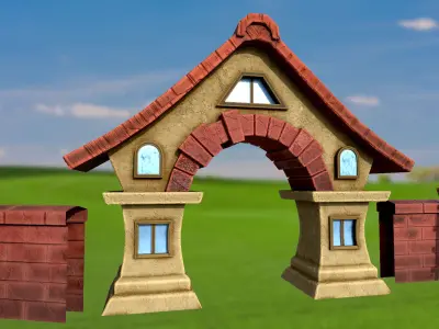 Stylized stone fence with an arch and a house PBR game ready Low-poly 3D model