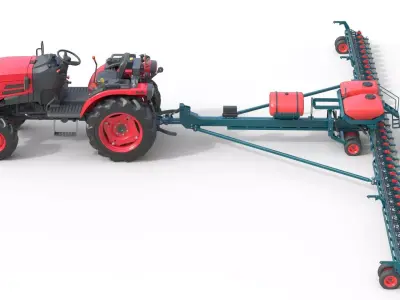 Mahindra Oja Tractor with Row Planter  Low-poly 3D model
