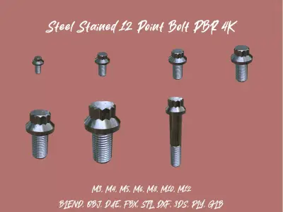 Collection of Steel Stained M3 to M12 12 Point Bolt 4K PBR 3D Model Pack
