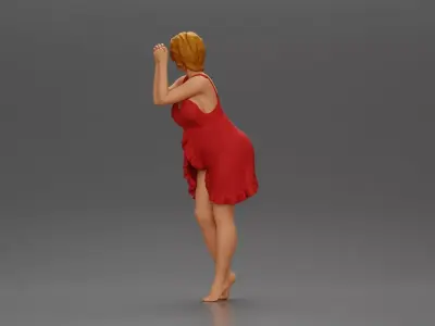 Barefoot woman in red nighty dress strikes graceful elegant pose 3D print model