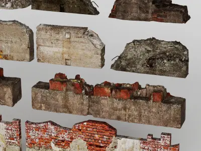 Ruined Brick Walls and Damaged Structures Low-poly 3D model