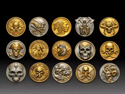 collection of 3D digital sculpts of thematic coins 3D print model