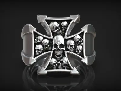 Maltese Heraldic Cross Skull Heads Biker Ring 3D print model