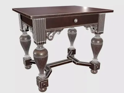 Antique vintage wooden writing desk with carved legs and drawer 3D model