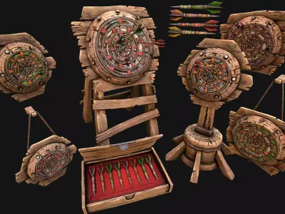 Medieval Target  Dart Board Darts Set Low-poly 3D model