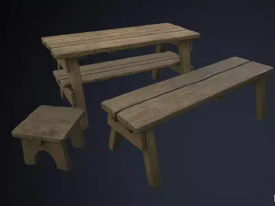 Rustic Wooden Trestle Work Table Stool and Bench Low-poly 3D model