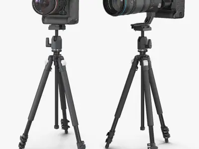 DSLR Cameras with Zoom on Tripod Collection 3D model