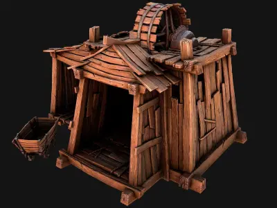 Medieval Mine Steampunk and Mining Cart Low-poly 3D model