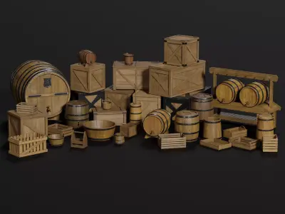LowPoly PBR 35 Wooden Crate Barrel props Pack 3D Models Low-poly 3D model