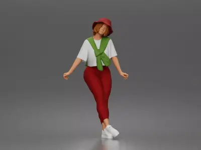 Weekend explorer strolls wearing tee leggings hat sweater draped 3D print model
