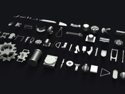 Kitbash metal tools arranged Low-poly 3D model