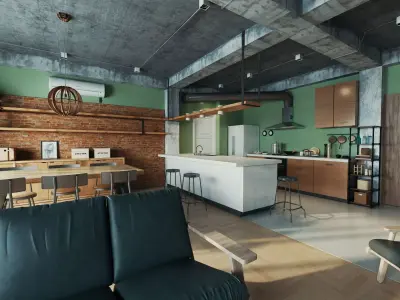 Modern Industrial Loft Living Room And Kitchen Scene 3D model