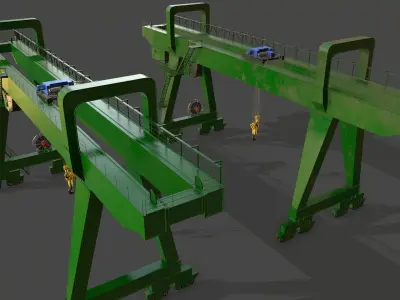 PBR Double Girder Gantry Crane V2 - Green  Low-poly 3D model