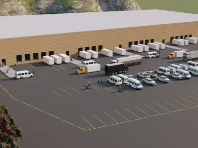 WAREHOUSE MODEL with trucks parked in parking lot 3D model