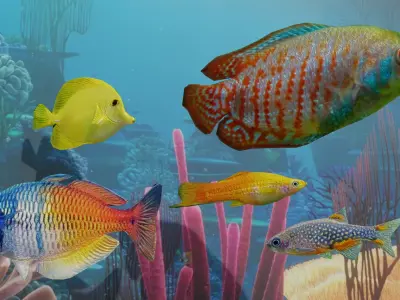 3D Fish model-Set of 5-Materials included Low-poly 3D model