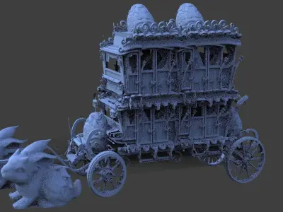 High polygon Stage Coach Horse Carriage with Bunny  3D model