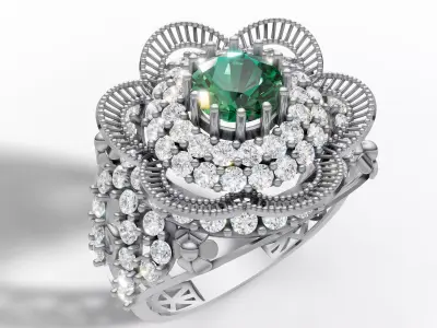 Fancy Flower Cluster Ring Big Stone Openwork Band STL CAD  3D print model