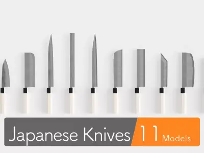 11 Japanese knives for cooking 3D model