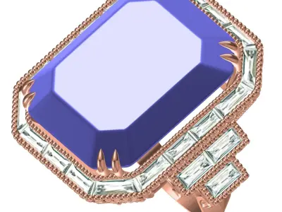 Emerald Stone Baguette Halo Cocktail Ring for Women 3D print model