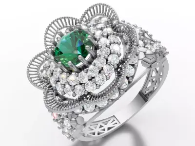 Fancy Flower Cluster Ring Big Stone Openwork Band STL CAD  3D print model
