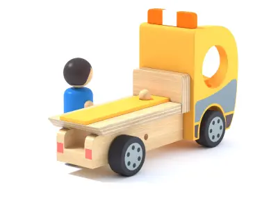 Toy Wood tow truck and character Camion et personnage en bois Low-poly 3D model