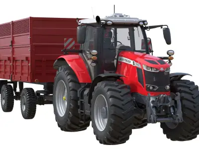 Massey Ferguson 7700S Tractor With Tipping Trailer Low-poly 3D model