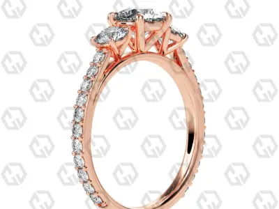 Ring 129 Round cathedral pave set shank 3 stone ring 3D print model