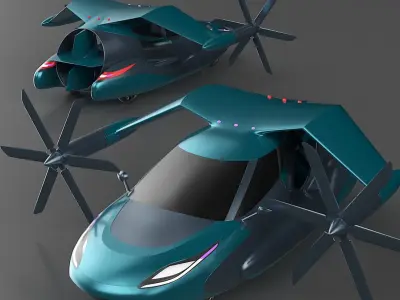  Concept Flying Car in Turquoise Color with Propellers 
