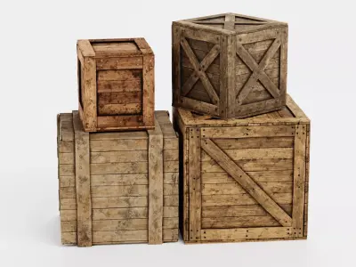 Wooden Crates Set V3 - 4 Weathered Storage Boxes 3D model