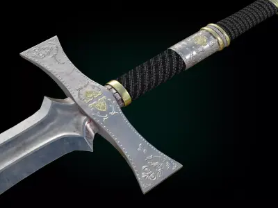 Silver two-handet fantasy long sword Low-poly 3D model
