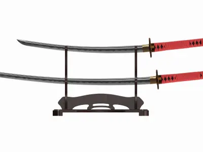 Japanese two sword Katana Wakizashi on a stand 3D model