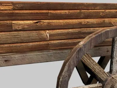 woodcart3 old wooden cart with wheels Low-poly 3D model