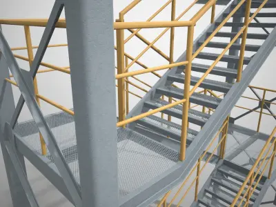Fire Escape Stair PBR Unwraped Modular Two Levels 3D model