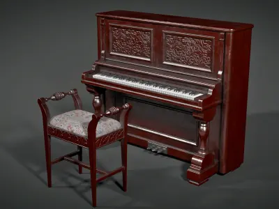 Antique Piano with Stool- Game Ready Low-poly 3D model