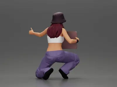 Girl wearing hat and pants sitting holding sign and hitchhiking 3D print model