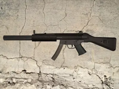 MP5-SD gun on concrete wall Low-poly 3D model