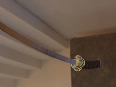 Katana sword flying in sky over city Free low-poly 3D model