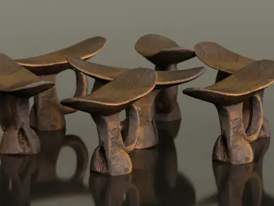 44 African Headrests Antique Carved Wood 3D Model Pack