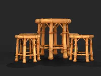 Stylized Bamboo Table and Stools Set Low-poly 3D model