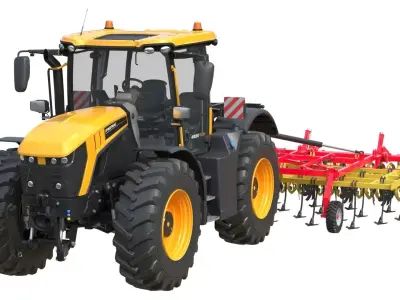 JCB Fastrac 4000 ICON Tractor and Agricultural Cultivator Low-poly 3D model